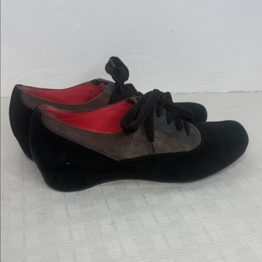 PAS DE ROUGE "Tata" Women’s Tie Suede Wedge Shoes, - Picture 2 of 8